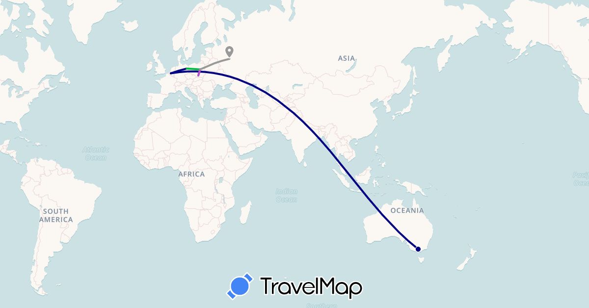 TravelMap itinerary: driving, bus, plane, train in Australia, Belgium, Germany, Poland, Russia (Europe, Oceania)